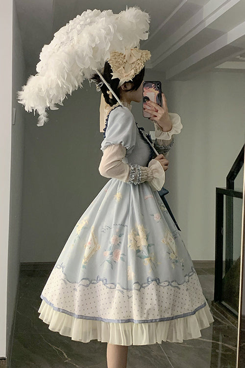 Blue Ruffled Square Collar Floral Print Puff Long Sleeve High Waist Sweet Lolita OP Dress