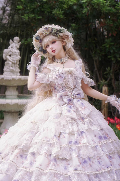Blue [Rose Letter] Off Shoulder Triple-Layered Print Ruffle Hanayome Sweet Princess Lolita Dress