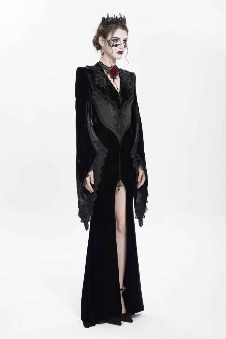 Black V Collar Long Trumpet Sleeves Floral Embroidered Velvet Women's Gothic Dress