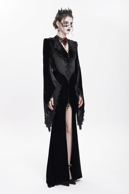 Black V Collar Long Trumpet Sleeves Floral Embroidered Velvet Women's Gothic Dress