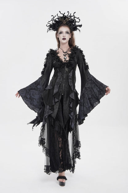 Black V Collar Long Trumpet Sleeves Printed Slim Women's Gothic Rose Feather Gorgeous Blouse