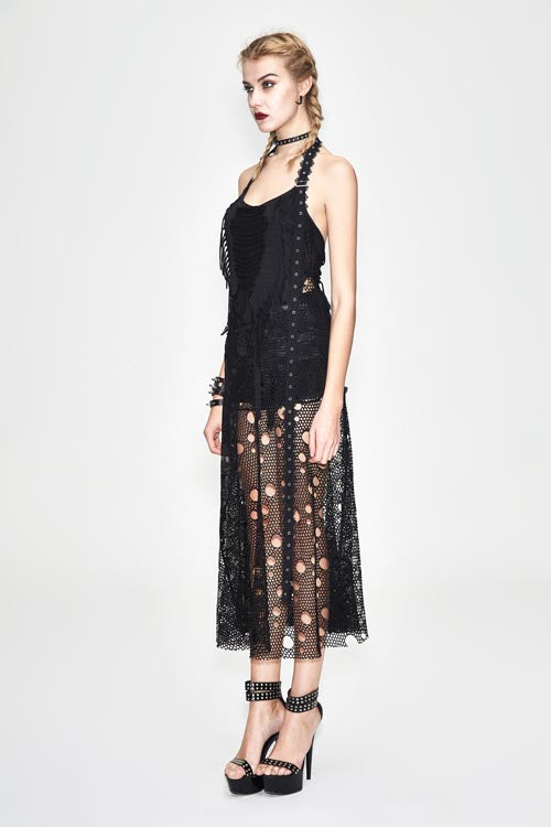Black Punk Broken Holes Mesh Peplum Sexy Halter Womens Dress