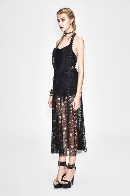 Black Punk Broken Holes Mesh Peplum Sexy Halter Womens Dress
