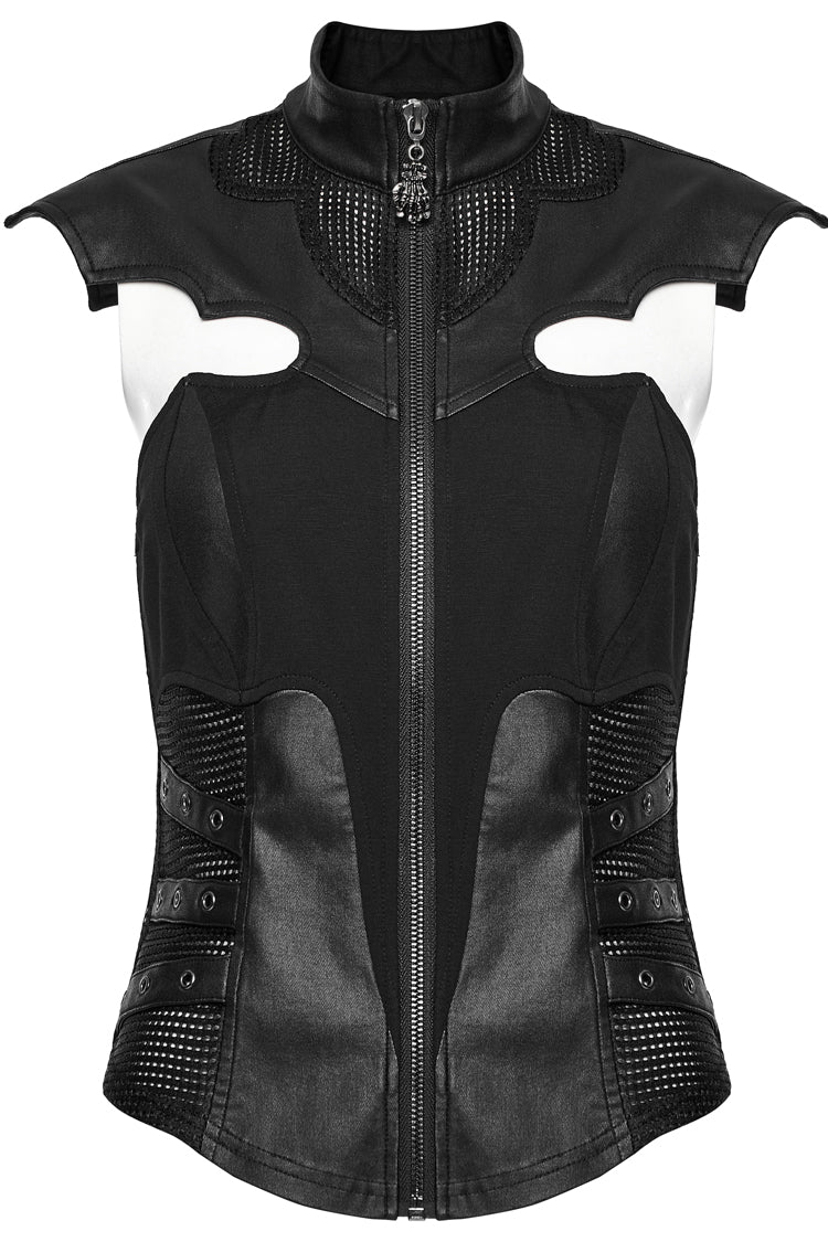 Black Sleeveless Hollow Stretch Knitted Stitching Womens Bat Wings Steampunk Vest