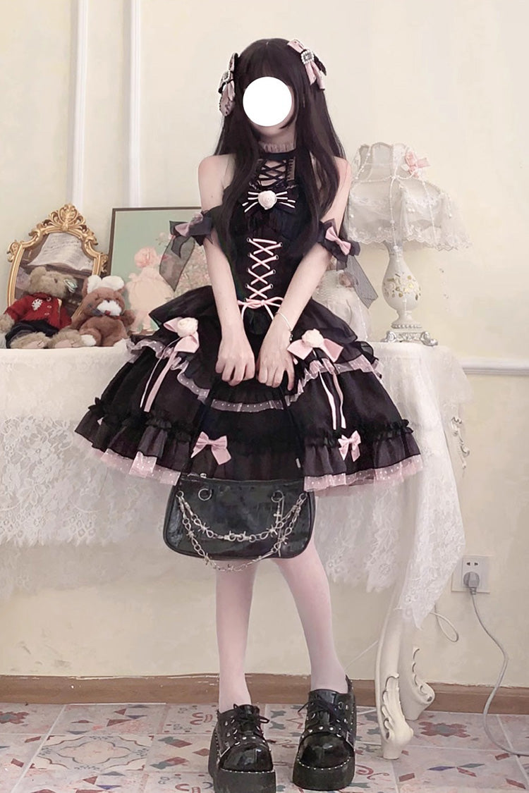 Black/Pink Lace Up Multi-layer Ruffle Cardigan Bowknot Gothic Lolita Jsk Dress
