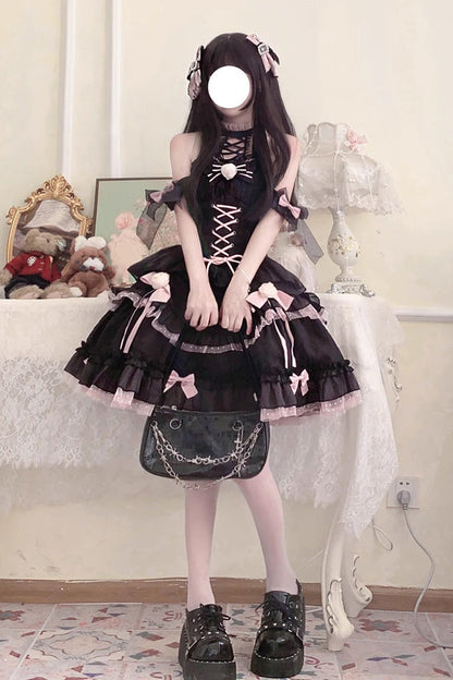 Black/Pink Lace Up Multi-layer Ruffle Cardigan Bowknot Gothic Lolita Jsk Dress