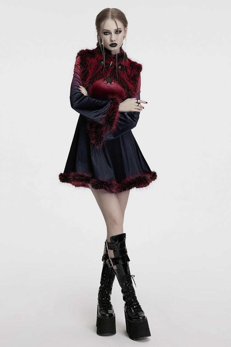 Red Stand Collar Sleeveless Gradient Faux Fur Women's Gothic Cape