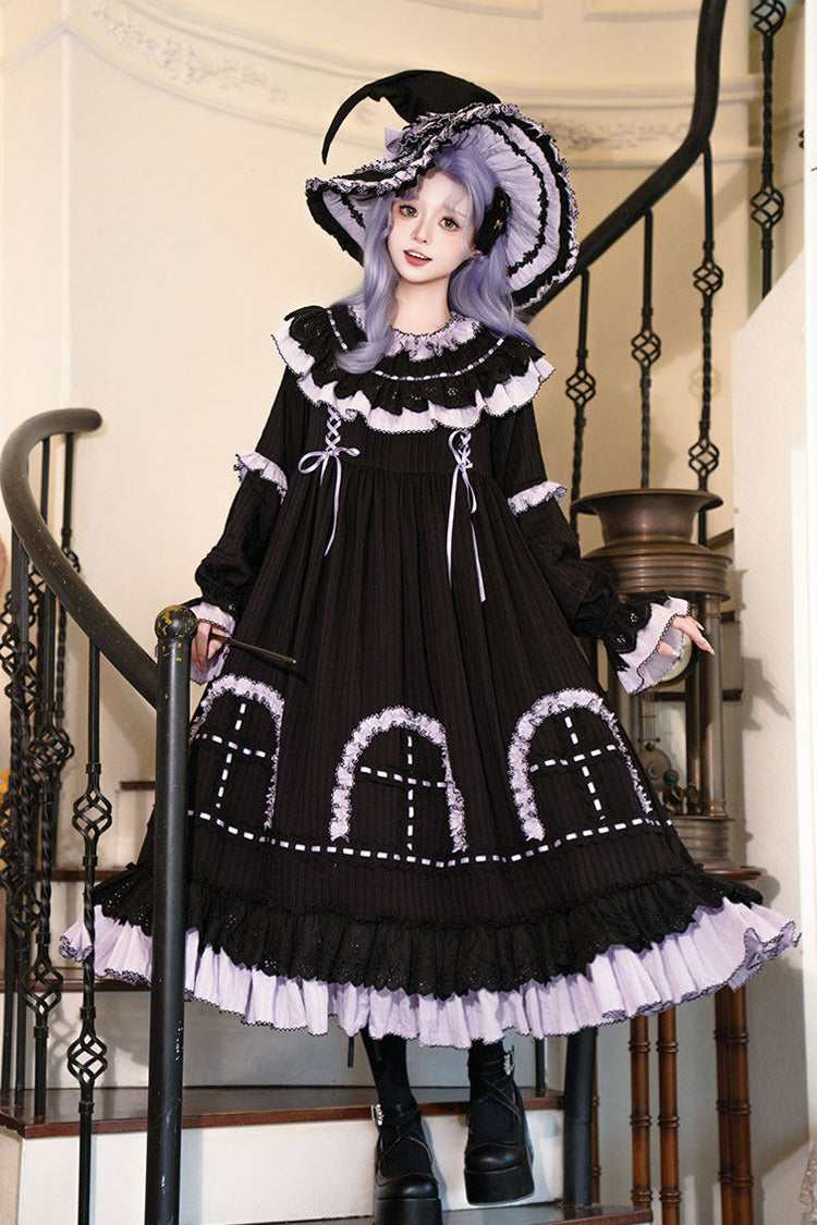 Black [Twin Lilian] Round Collar Long Sleeves Double-Layered Ruffled Bow Lace-Up Gothic Lolita Dress