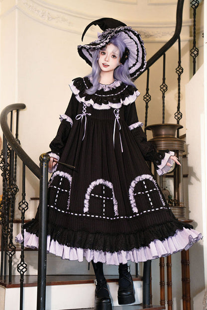Black [Twin Lilian] Round Collar Long Sleeves Double-Layered Ruffled Bow Lace-Up Gothic Lolita Dress