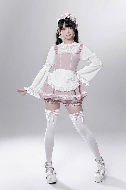 Pink/White [Showcase Doll] Japanese Maid-Style Long Sleeves Ruffle Bowknot Jirai Kei Japanese Dress Shorts Set with Detachable Apron