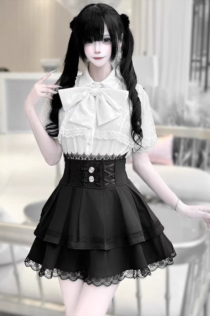 [Dark Moon Shadow] Short Sleeves Double-Layered Ruffled Embroidered Bow Lace-Up Gothic Jirai Kei Lolita Top + Skirt Set