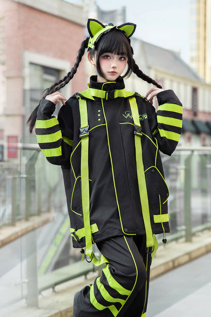 Yellow/Green/Black Long Sleeves Print Cat Ears Hooded Jirai Kei Handsome Coat