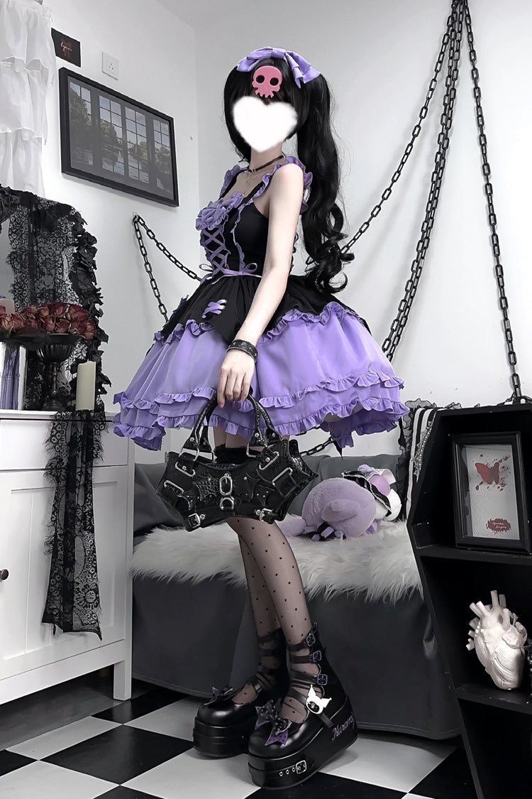 Black/Purple [Halloween Little Witch] Sleeveless Double-Layered Ruffle Bowknot Lace-Up Gothic Lolita Jsk Dress