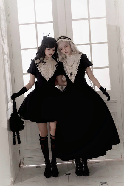 Black [Letters and Poems·Nocturne] Nun Long Sleeves Ruffle Gothic Lolita Short Dress