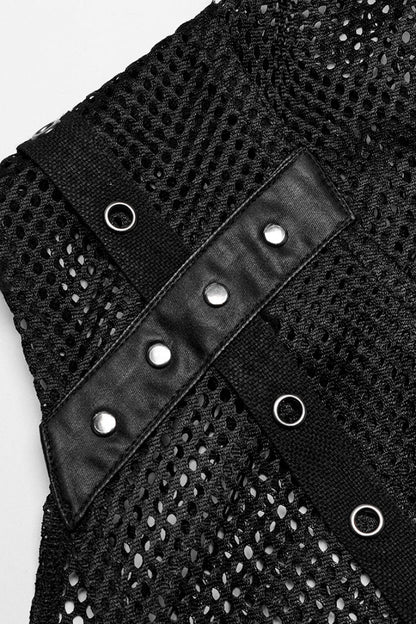 Black Sleeveless Irregular Hooded Mesh Eyelet Men's Punk Vest