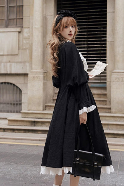 Black/White Silent Poetry Nun Long Sleeves Bowknot Autumn Winter Gothic Lolita Dress