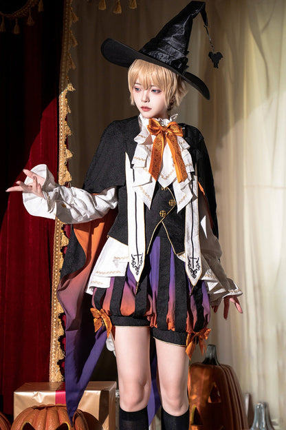 Black/Brown [Little Devil] Stand Collar Long Sleeves Gradient Print Ruffle Bowknot Gothic Prince Ouji Lolita Set