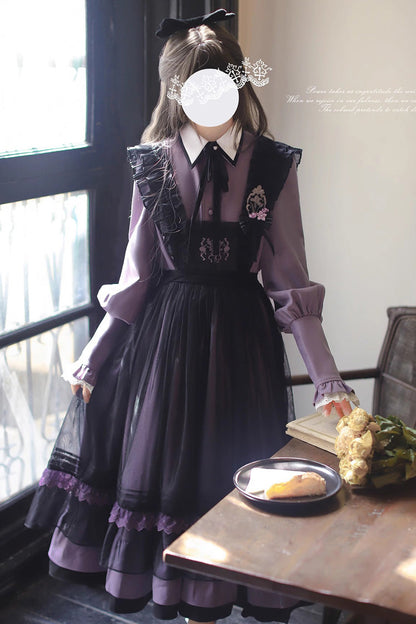 Black [Witch Academy] Double-Layered Ruffle Embroidery Bowknot Mesh Sweet Elegant Lolita Jumper Dress