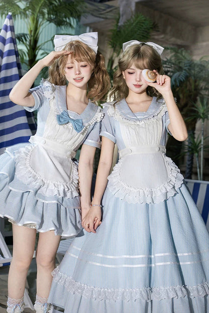 Blue [Seven Day Bell] Navy Collar Short Sleeves Printed Ruffled Bow Sweet Lolita Dress 2 Versions