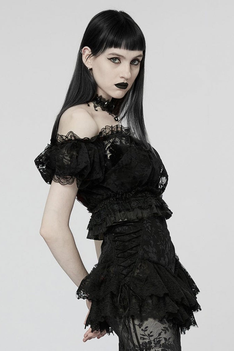 Off Shoulder Ruffle Stitching Lace Sheer Womens Gothic T-Shirt 2 Colors