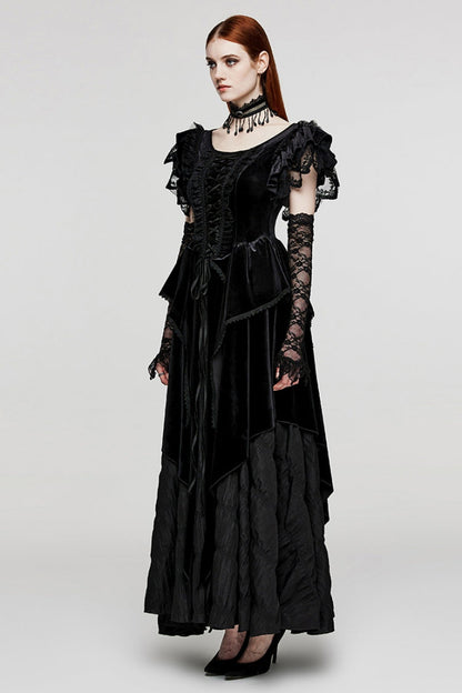Black V Collar Ruffle Lace Women's Gothic Dress with Oversleeves