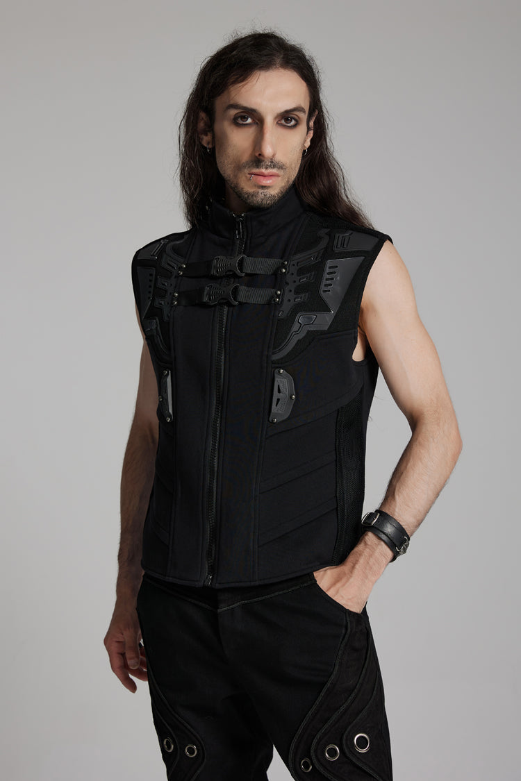Black Sleeveless Bucke-up Zip Men's Punk Vest