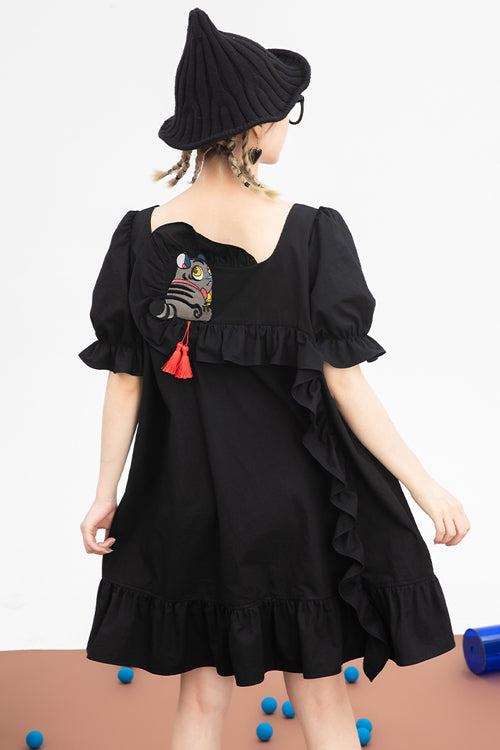 Black Ruffled Square Collar Cute Tiger Embroidered Bubble Short Sleeves High Waisted Sweet Lolita Dress
