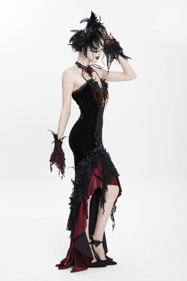 Black/Red Sleeveless Cross Ruffled Floral Embroidered Chain-Decorated Women's Gothic Long Slip Dress
