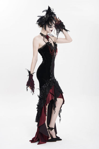 Black/Red Sleeveless Cross Ruffled Floral Embroidered Chain-Decorated Women's Gothic Long Slip Dress