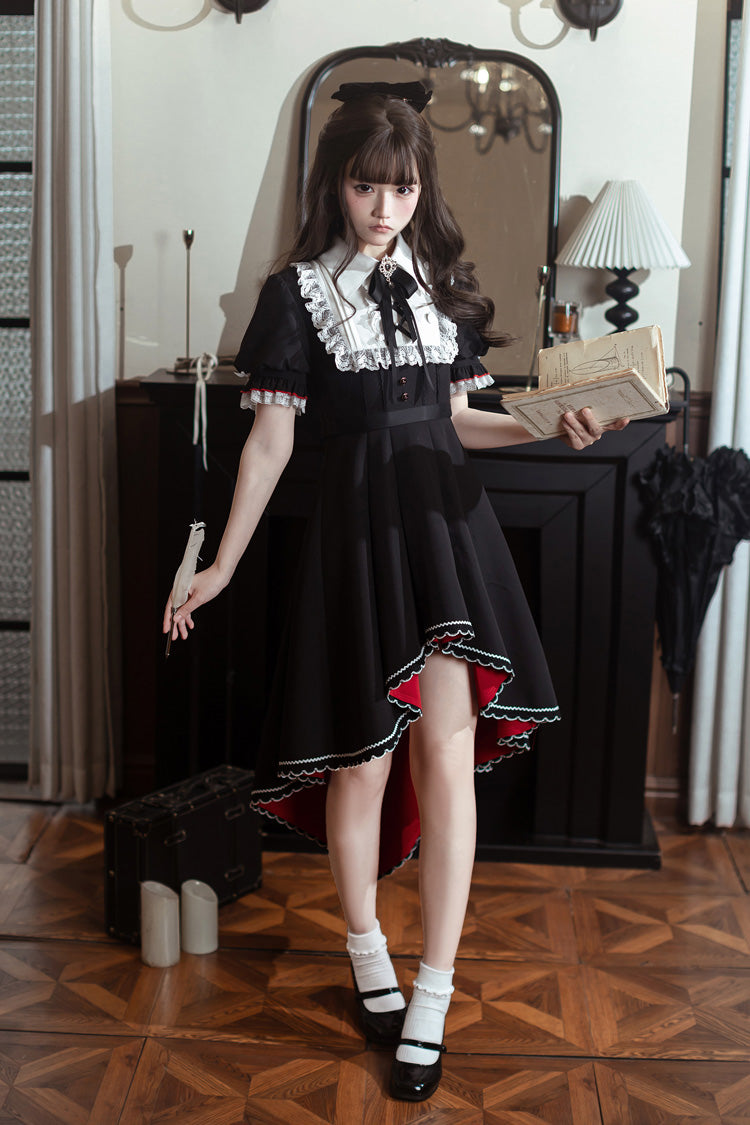 Black/White [Rosalind] Lapel Collar Short Sleeves Bow Lace Gothic Maid Lolita Dress