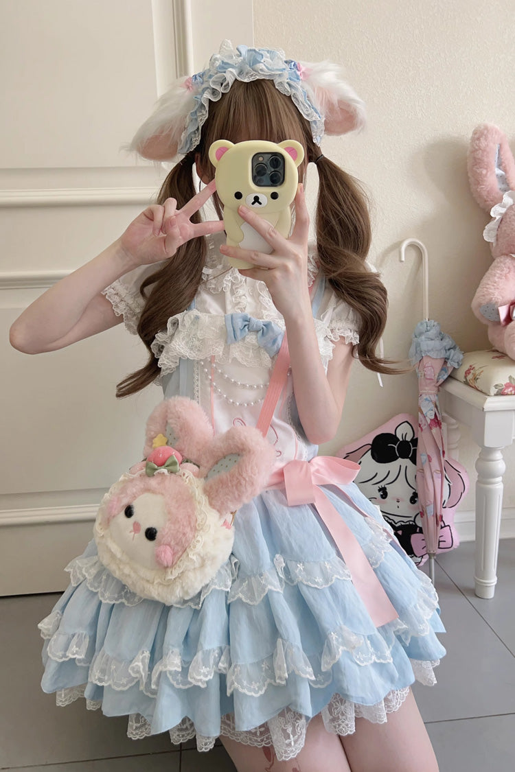 Blue Sleeveless Double-Layered Ruffle Rabbit Embroidery Bowknot Lace Sweet Lolita Jsk Dress