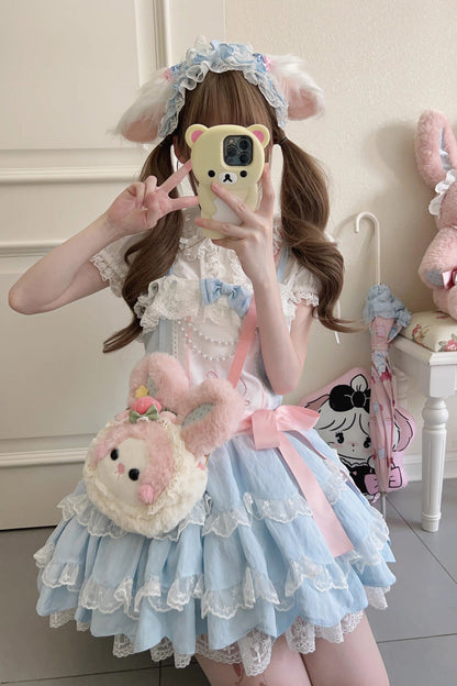 Blue Sleeveless Double-Layered Ruffle Rabbit Embroidery Bowknot Lace Sweet Lolita Jsk Dress