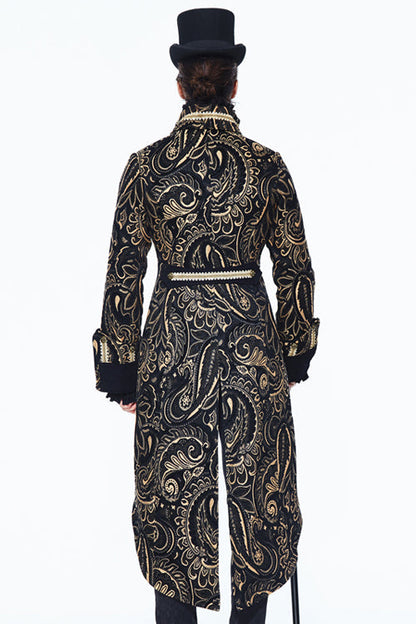 Gothic Jacquard Fake Two Pieces Golden Mens Long Coat