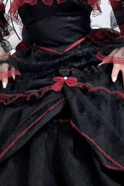 Black/Red [Layered Poem] Halterneck Sleeveless Multi-Layered Jacquard Hanayome Bow Lace Gothic Lolita Dress