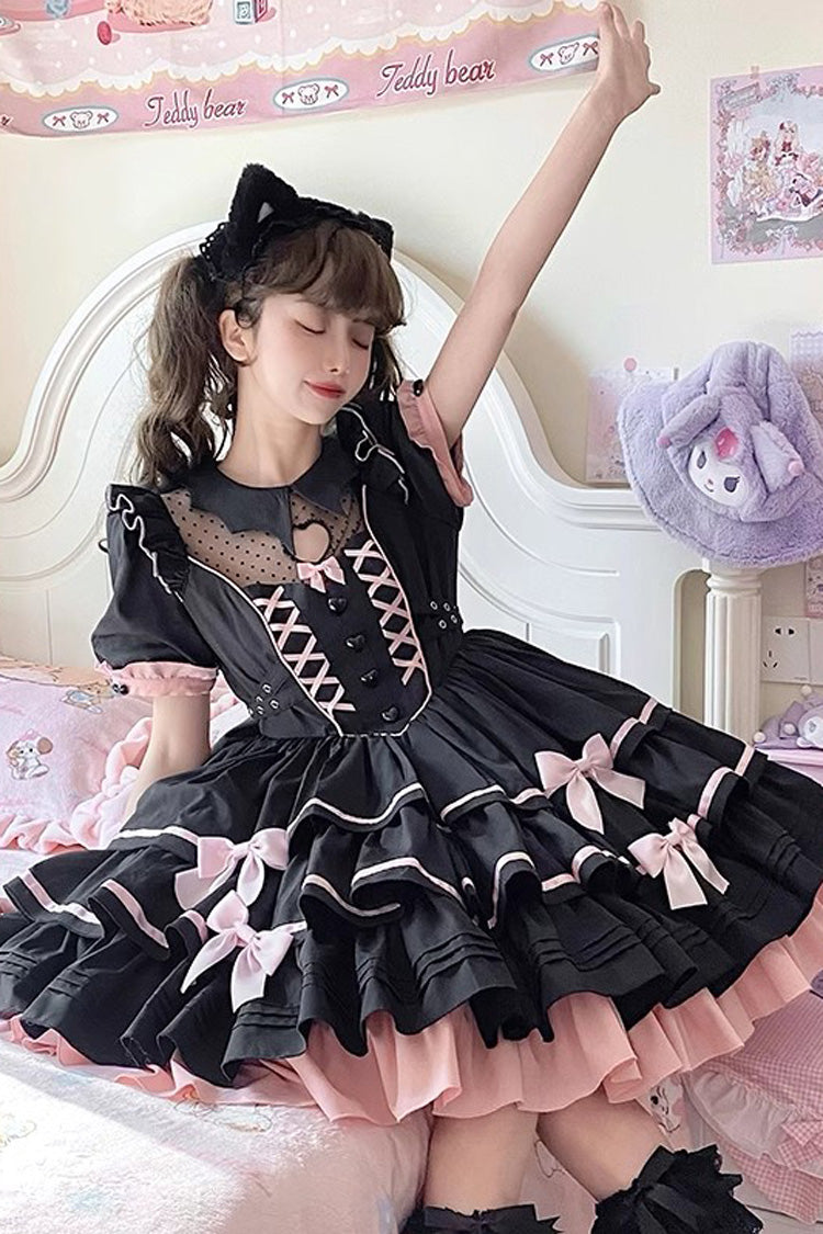 Black/Pink Short Sleeves Multi-layer Ruffle Bowknot Sweet Lolita Dress