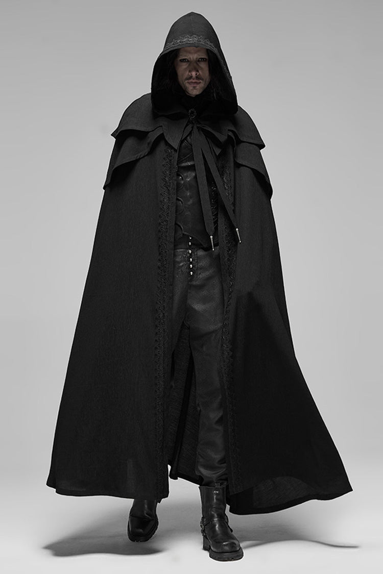 Black Punk Multilayer Lace Decoration Frenulum Simple Hooded Long Men's Cloak
