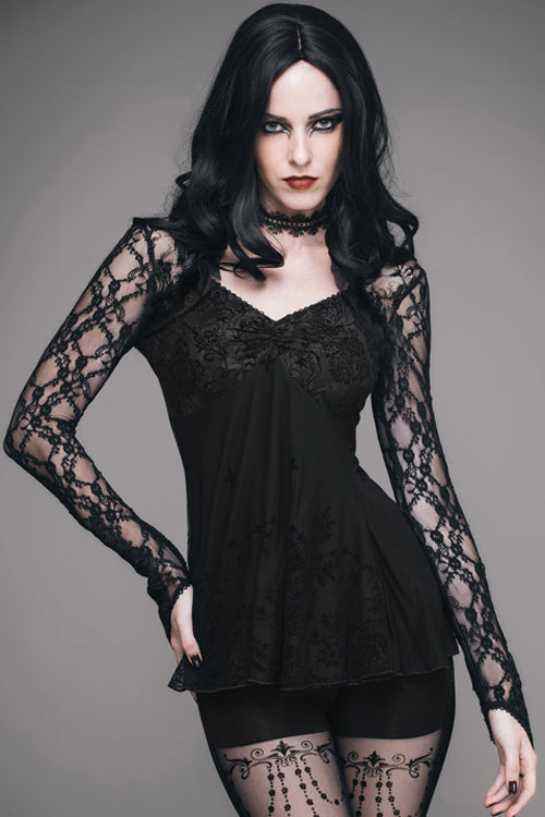 Black Sexy V Neck Mesh Long Sleeves Rose Lace Bottoming Women Gothic T-Shirt