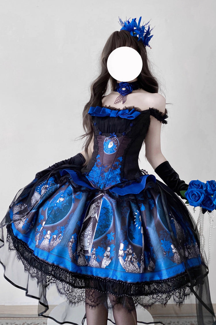 Blue [Dark Moon Corridor] Print Embroidery Gothic Lolita Dress Skirt