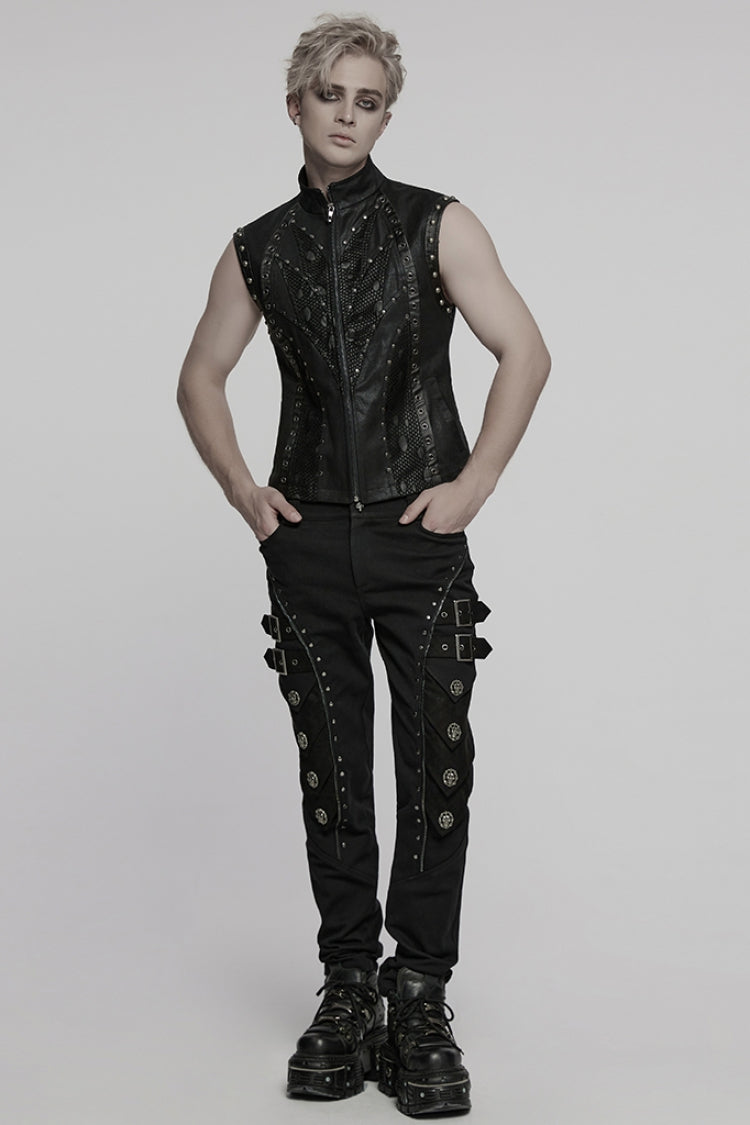 Black Stand Collar Stitching Mesh Men's Punk Vest
