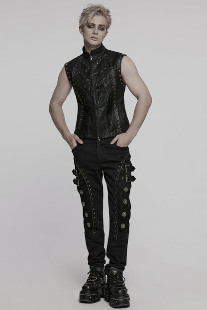 Black Stand Collar Stitching Mesh Men's Punk Vest