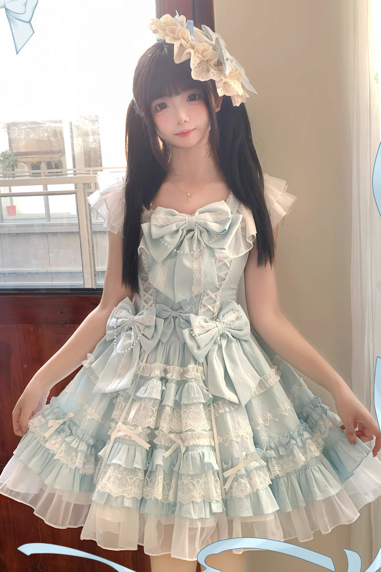 Blue [Snow Top Doll] Sleeveless Multi-Layered Ruffled Bow Lace Princess Sweet Lolita Tiered Dress