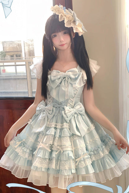 Blue [Snow Top Doll] Sleeveless Multi-Layered Ruffled Bow Lace Princess Sweet Lolita Tiered Dress