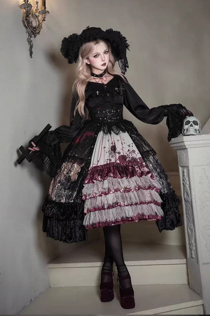 [Heretical Nun] Sleeveless Multi-Layered Printed Ruffled Open-Front Gothic Plus Size Lolita Strap Dress Short Version 2 Colors