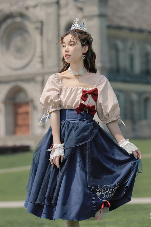 Blue Square Collar Bubble Short Sleeves High Waisted <Runaway Snow White> Sweet Lolita OP Dress