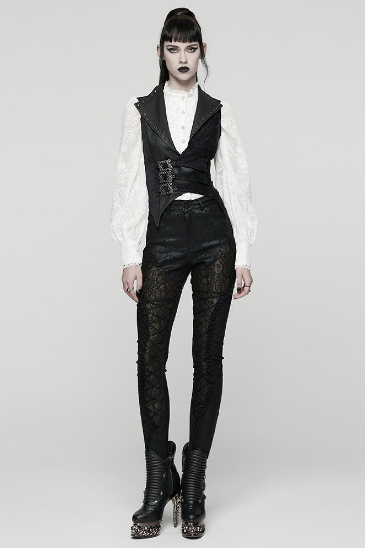 Black V Collar Sleeveless Lace-Up Buckled Eyelet Women's Gothic Vest