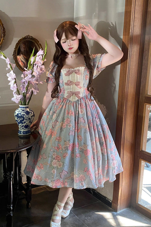 Blue Gem Rose Print Short Puff Sleeves Ruffle Bowknot Sweet Plus Size Lolita Dress