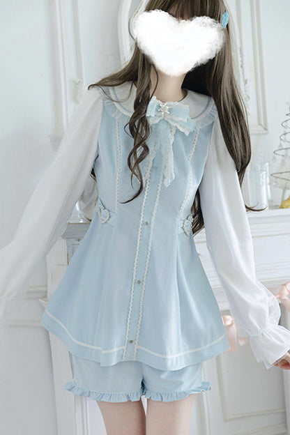 Blue Long Sleeves Ruffle Bowknot Lace Sweet Jirai Kei Dress Set