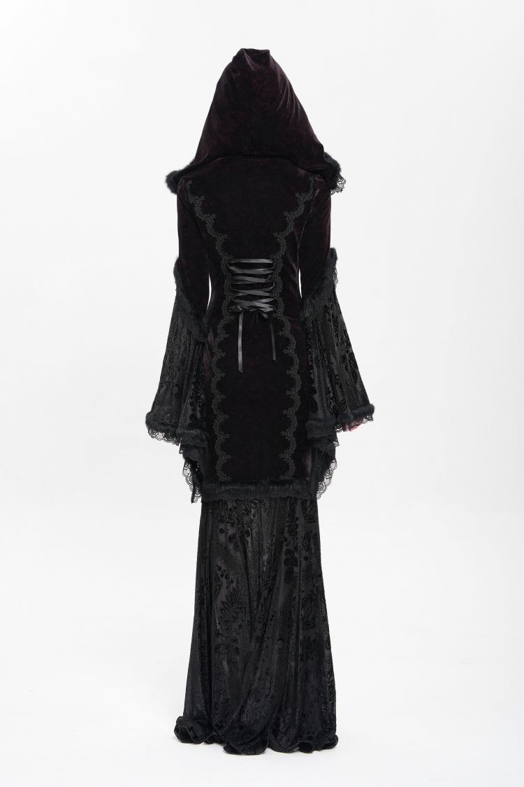 Black/Red Long Trumpet Sleeves Embroidery Stitching Lace Hooded Mesh Women's Gothic Dress