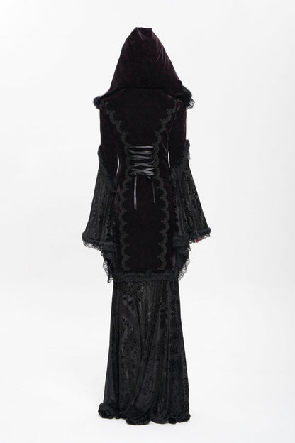 Black/Red Long Trumpet Sleeves Embroidery Stitching Lace Hooded Mesh Women's Gothic Dress