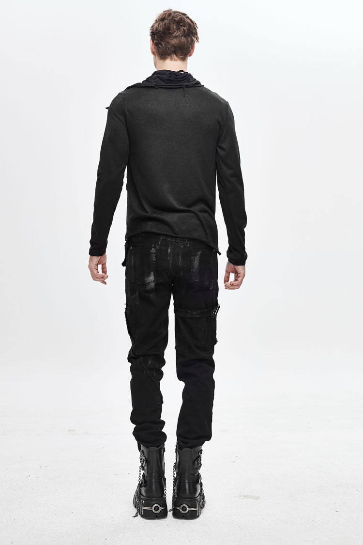 Black Ragged Turn-Down Collar Woolen Long Sleeve Irregular Hem Men's Punk T-Shirt